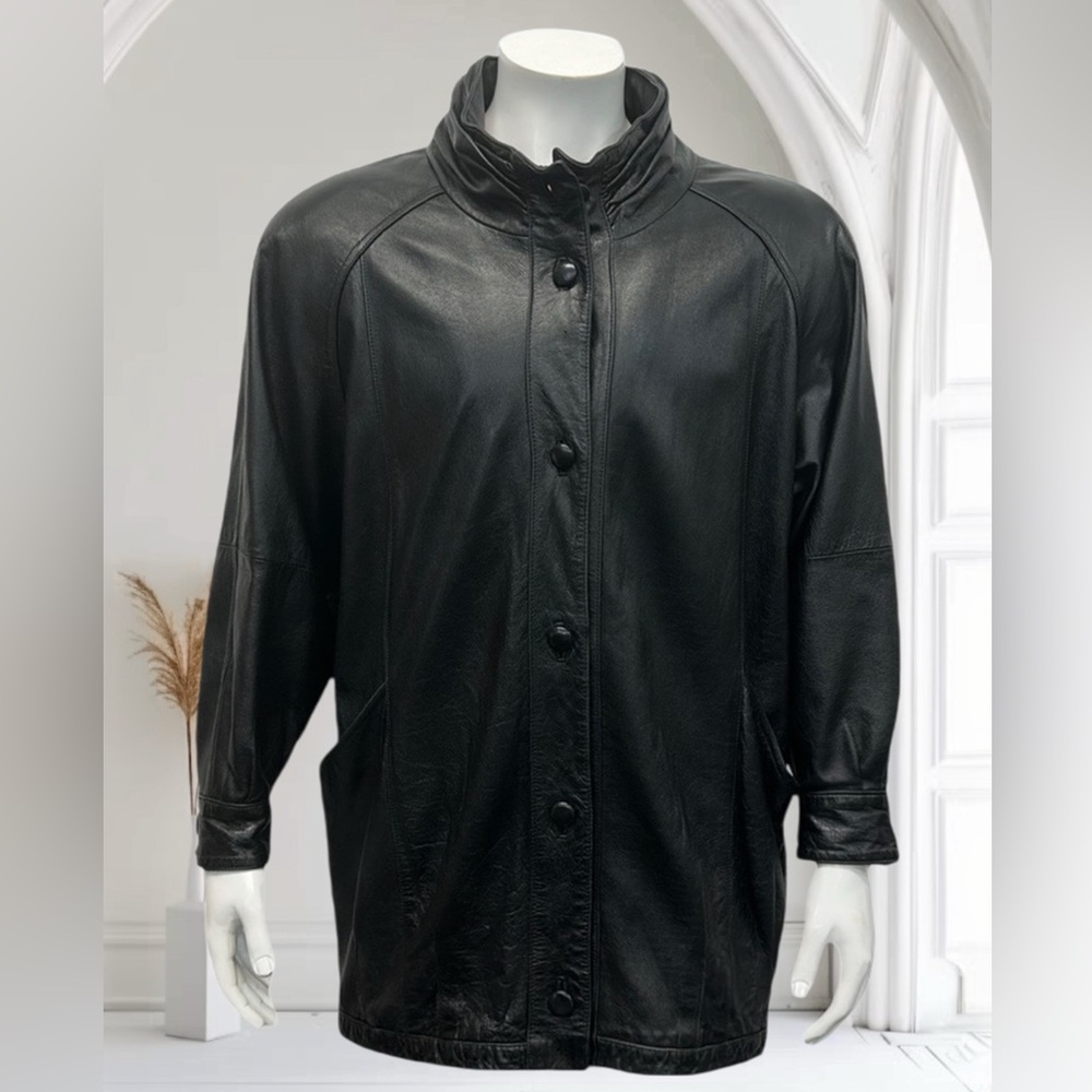 Vintage Pelle Jet Black Genuine Leather Lined Duster Long Jacket Trench Coat XL